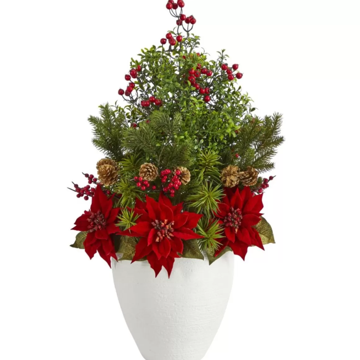 Nearly Natural 32 In. Poinsettia, Boxwood And Succulent Artificial Arrangement In White Vase