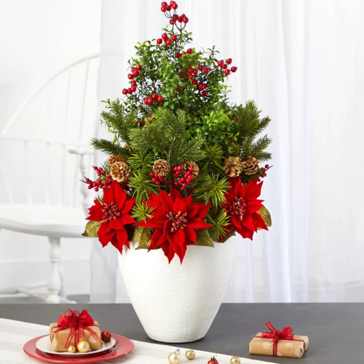 Nearly Natural 32 In. Poinsettia, Boxwood And Succulent Artificial Arrangement In White Vase