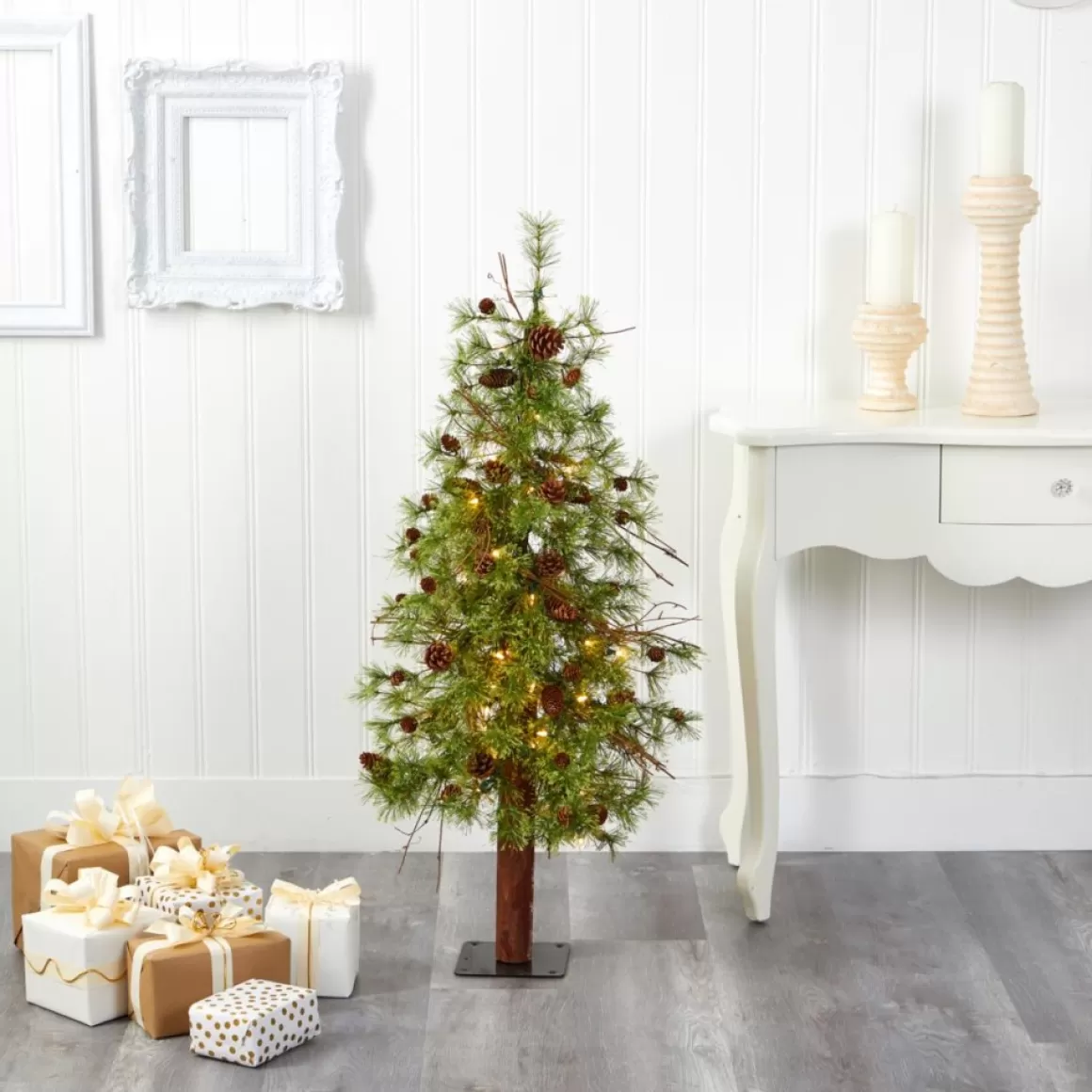Nearly Natural 4' Wyoming Alpine Artificial Christmas Tree With 50 Clear Multifunction Led Lights And Pine Cones On