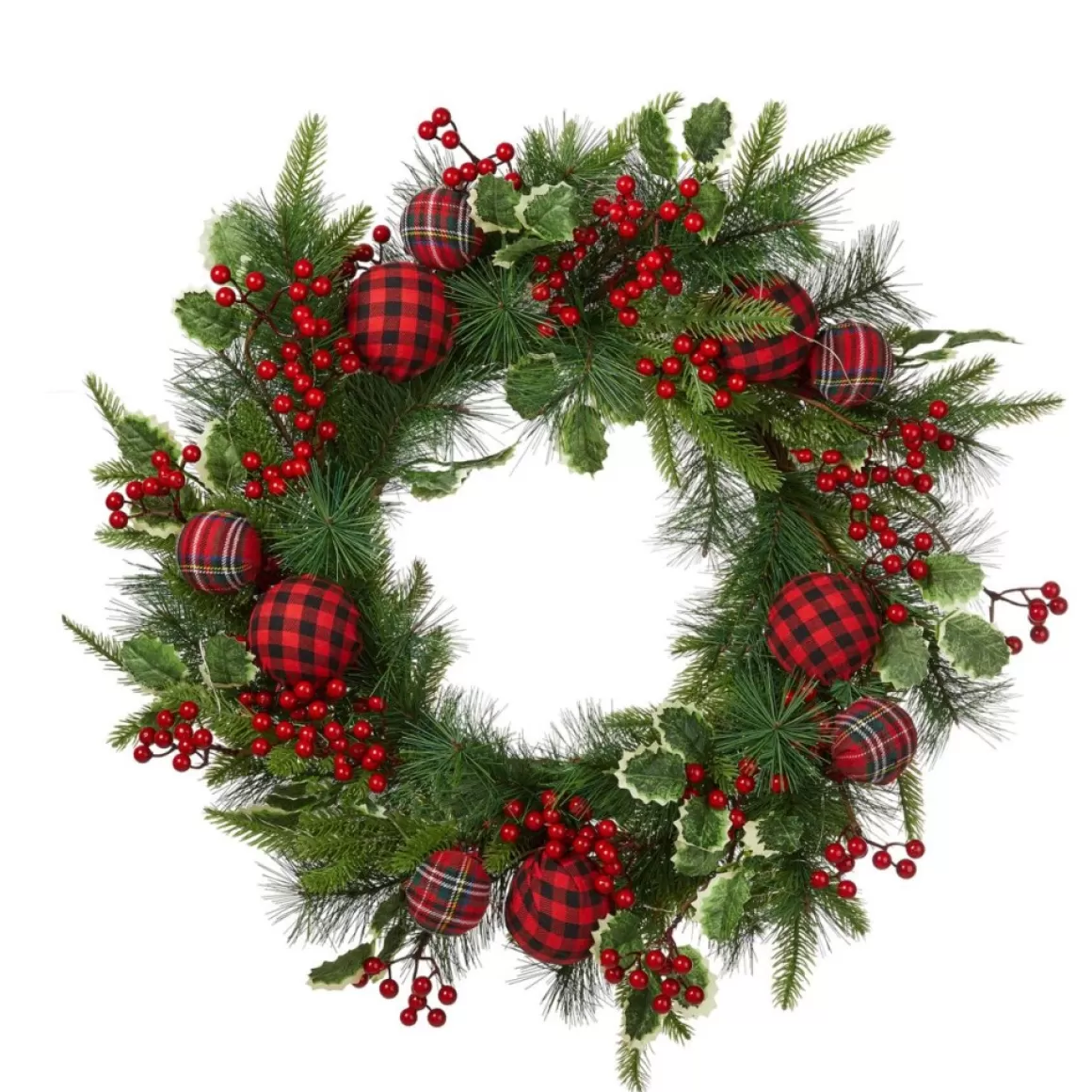 Glitzhome 24" D Ornament Berry Holly Pine Wreath With Lights