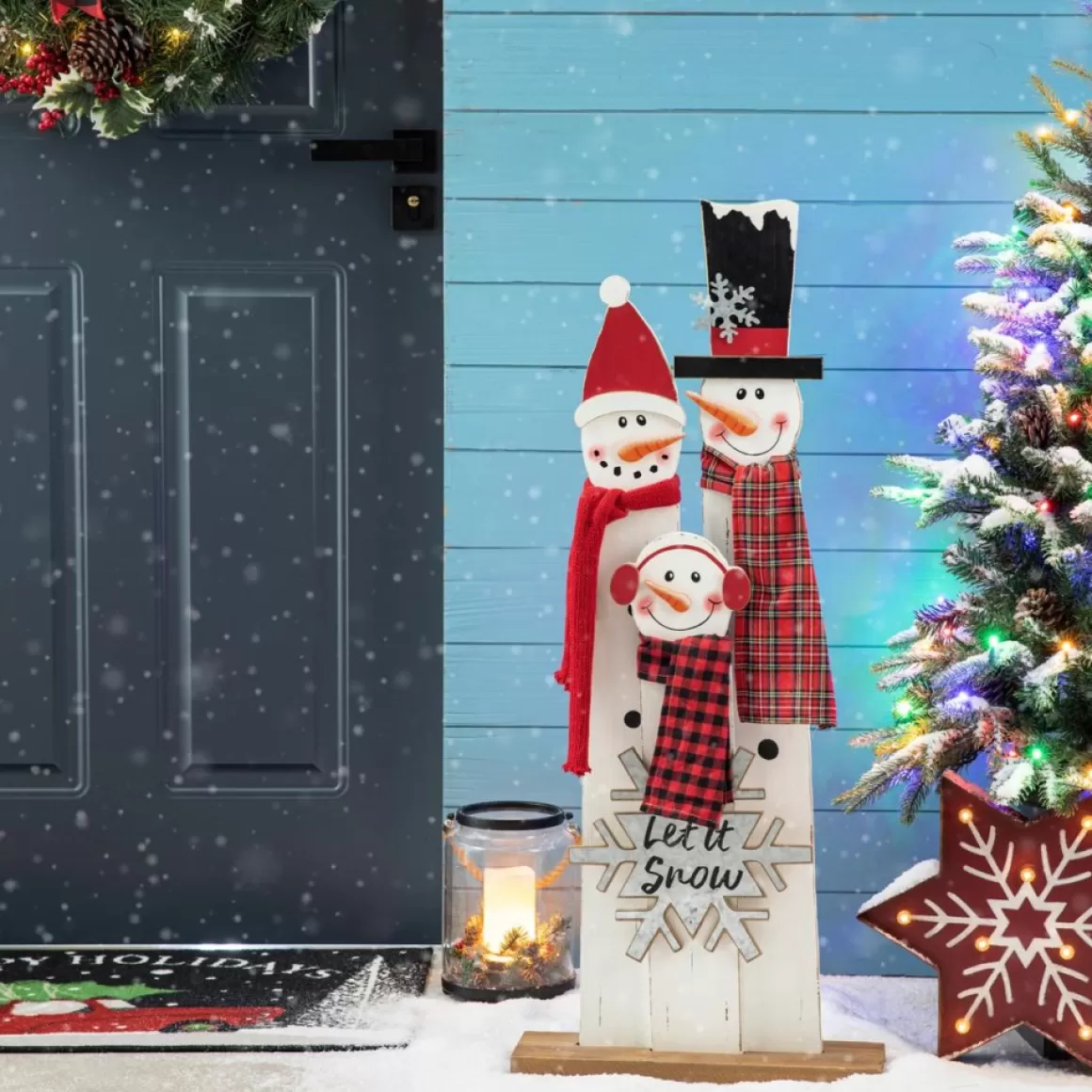 Glitzhome 35.5" H Wooden Snowman Family Porch Decor