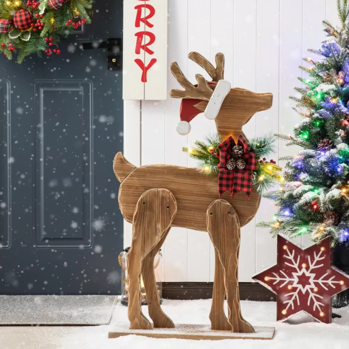 Glitzhome 36" H Chunky Wood Reindeer Porch Decor
