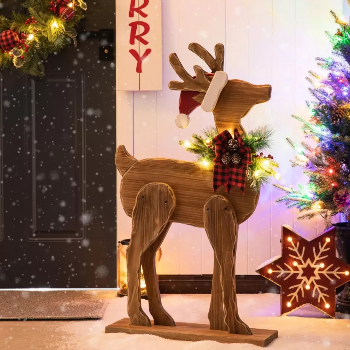 Glitzhome 36" H Chunky Wood Reindeer Porch Decor