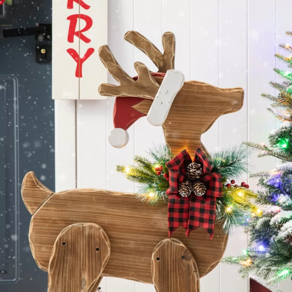 Glitzhome 36" H Chunky Wood Reindeer Porch Decor