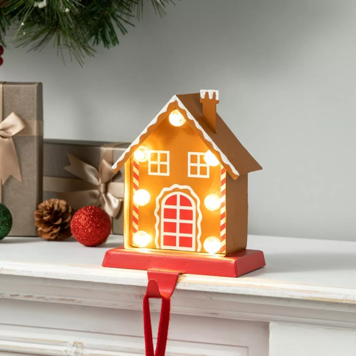 Glitzhome 6.75" H Marquee Led Metal Gingerbread House Stocking Holder