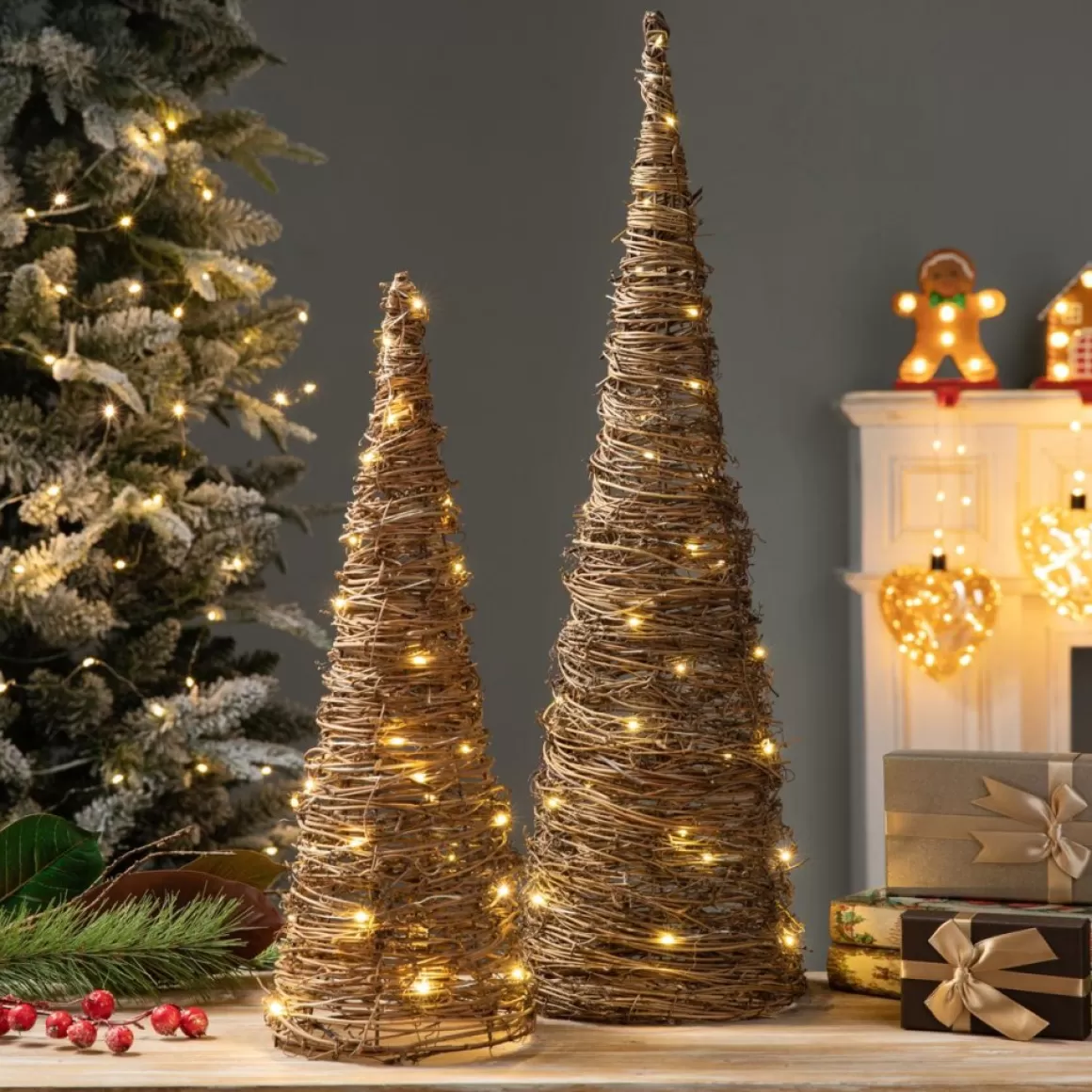 Glitzhome Set Of 2 Lighted Rattan Christmas Table Tree Decor