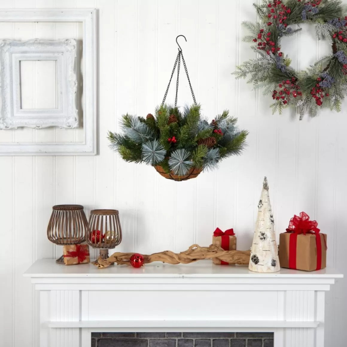 Nearly Natural 24 In. Holiday Pre Lit Berries Christmas Hanging Basket