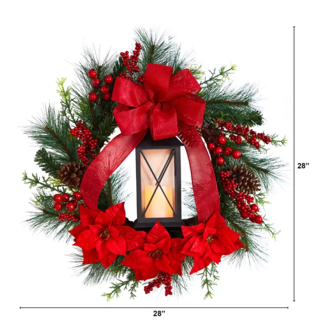 Nearly Natural 28" Poinsettia & Berry Wreath With Lantern & Led Candle