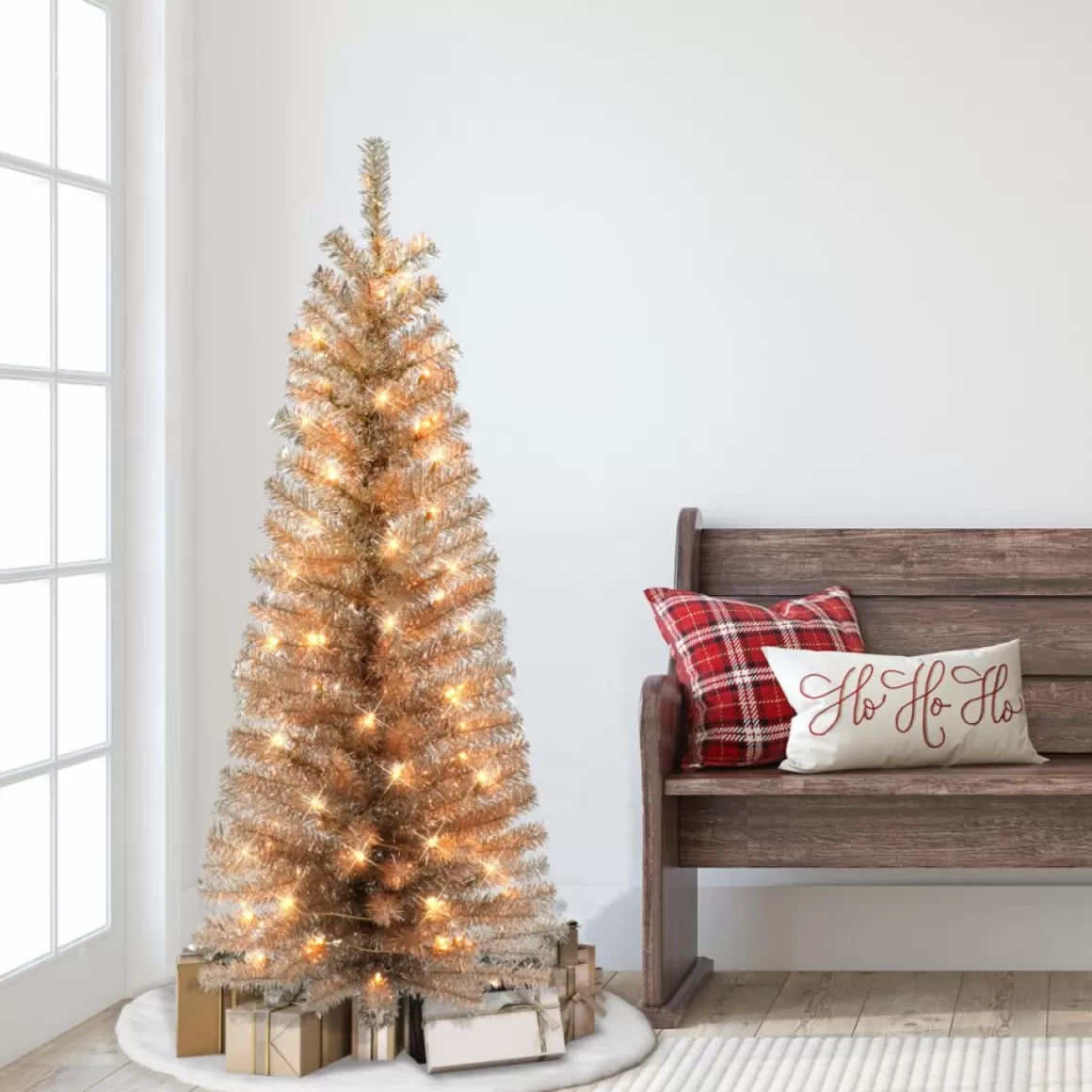 Puelo International Puleo International 4.5' Pre-Lit Rose Gold Tinsel Tree 70 Clear Lights