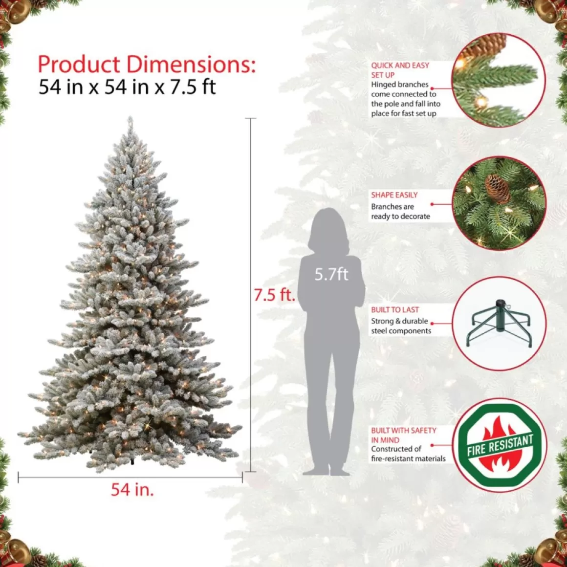 Puleo International Puleo Intl. 7.5' Pre-Lit Royal Fraser Fir Flocked Tree W/ Memory Tips