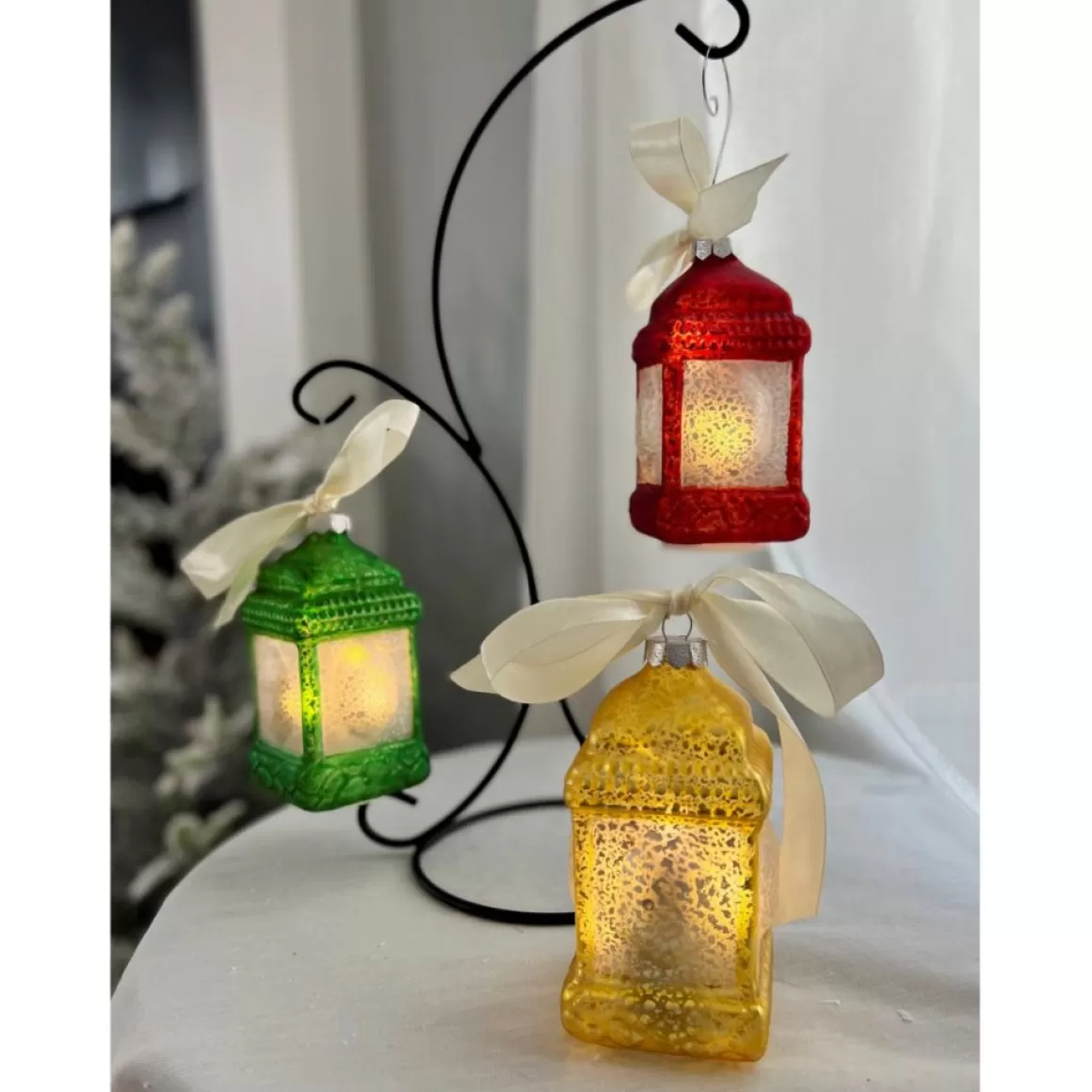 Winter Lane Mini Lantern Glass Ornaments With Gift Bags - Set Of 3