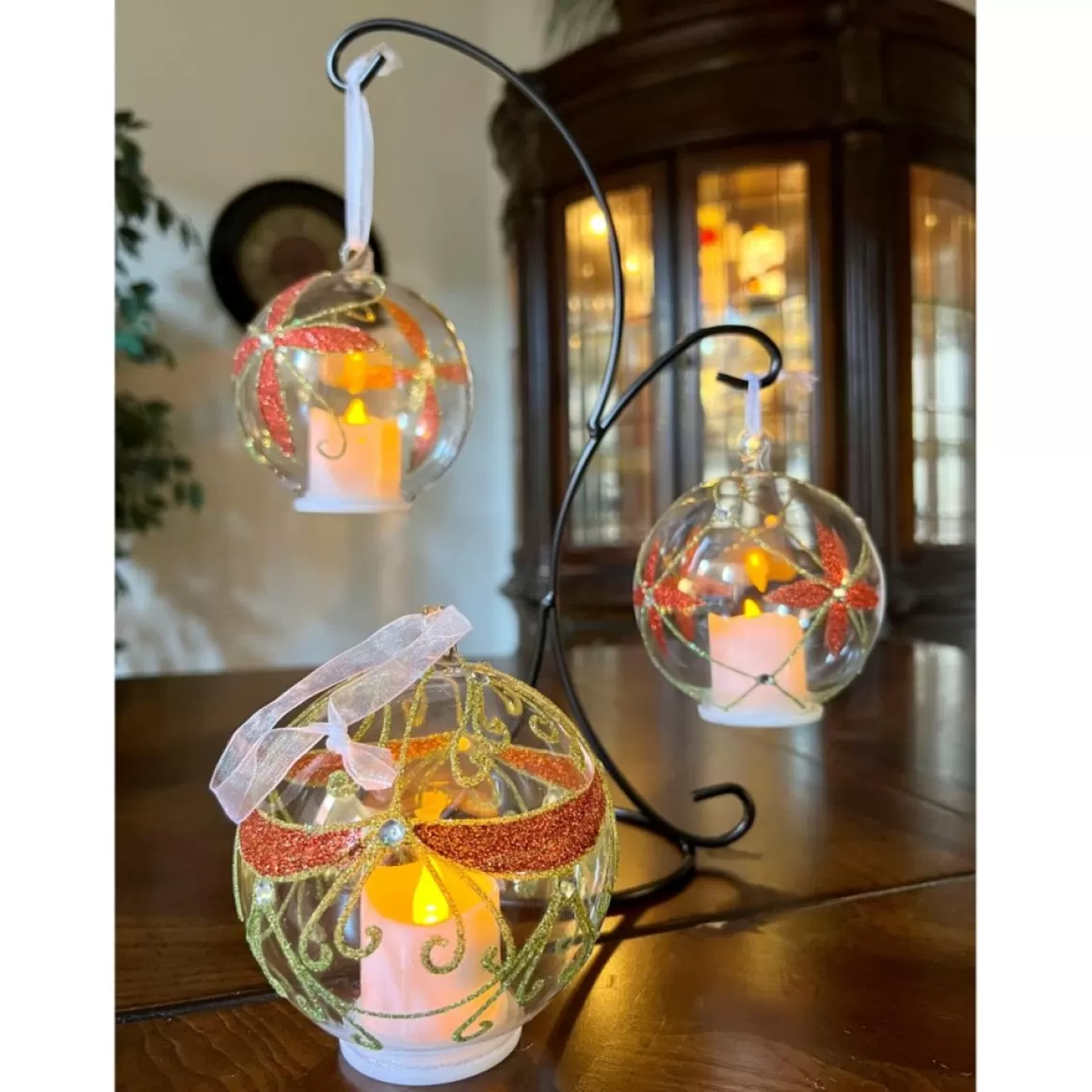 Winter Lane Set Of 3 Glass Ornaments With Flameless Votive